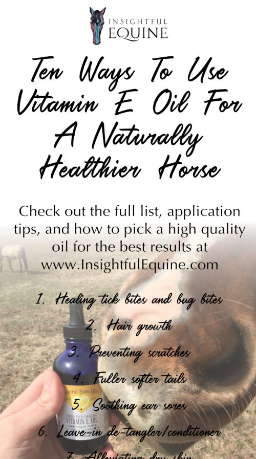 Vitamin E oil has become my new go-to here at Insightful Equine. It's not just for great skin and pretty hair anymore. I'm taking it to the barn to share the benefits with the horses. Check out all the great ways to use vitamin E oil for everything from tick bites to skin issues to thicker fuller tails.